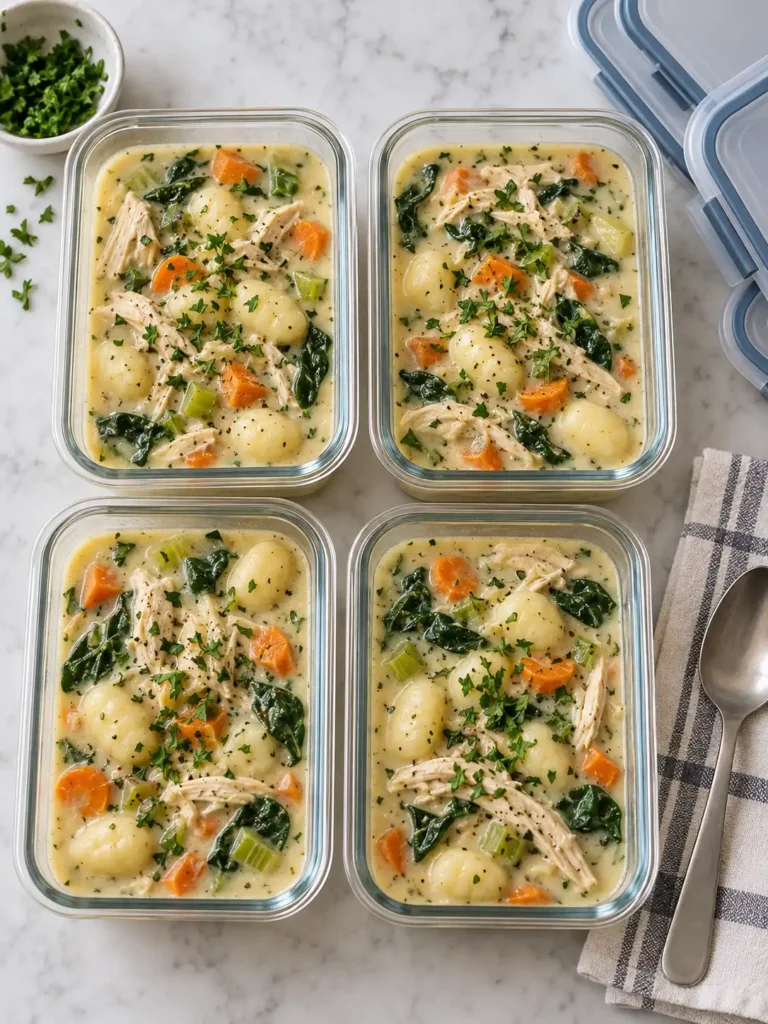 Four glass meal prep containers packed with creamy Chicken Gnocchi Soup with gnocchi, shredded chicken, carrots, celery, and spinach, garnished with chopped parsley on a marble surface