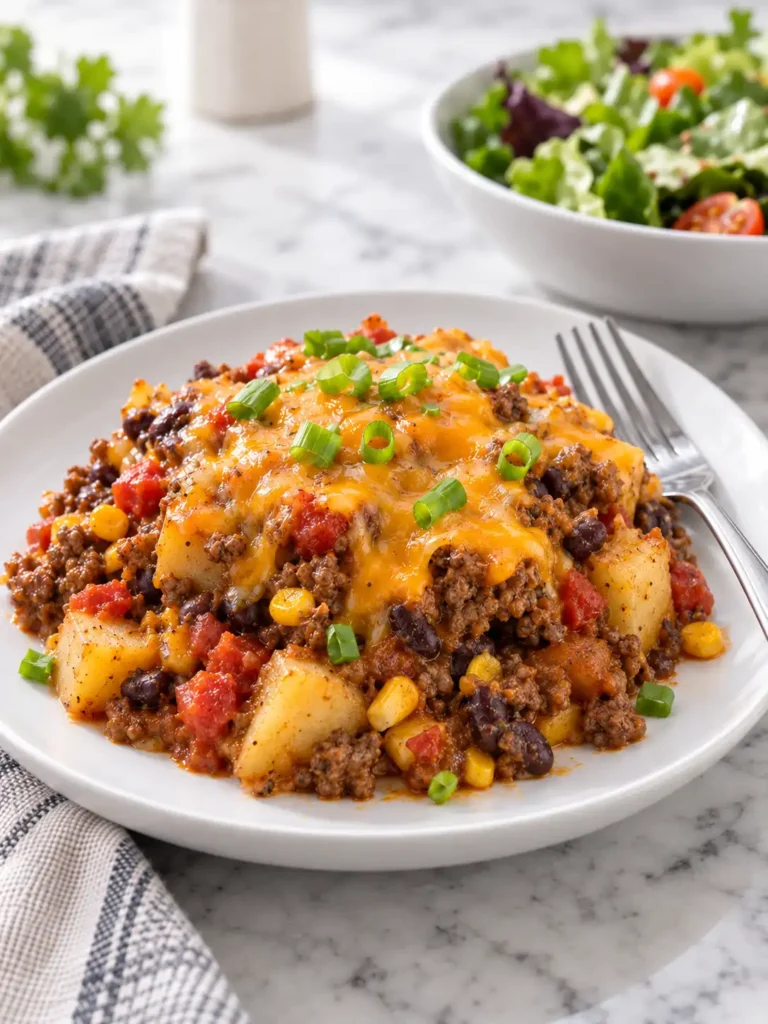 Slow Cooker Cowboy Casserole Recipe 3 Serving of slow cooker cowboy casserole on a white plate, showing cheesy potatoes, ground beef, beans, corn, and tomatoes topped with sliced green onions, with a fresh salad in the background.
