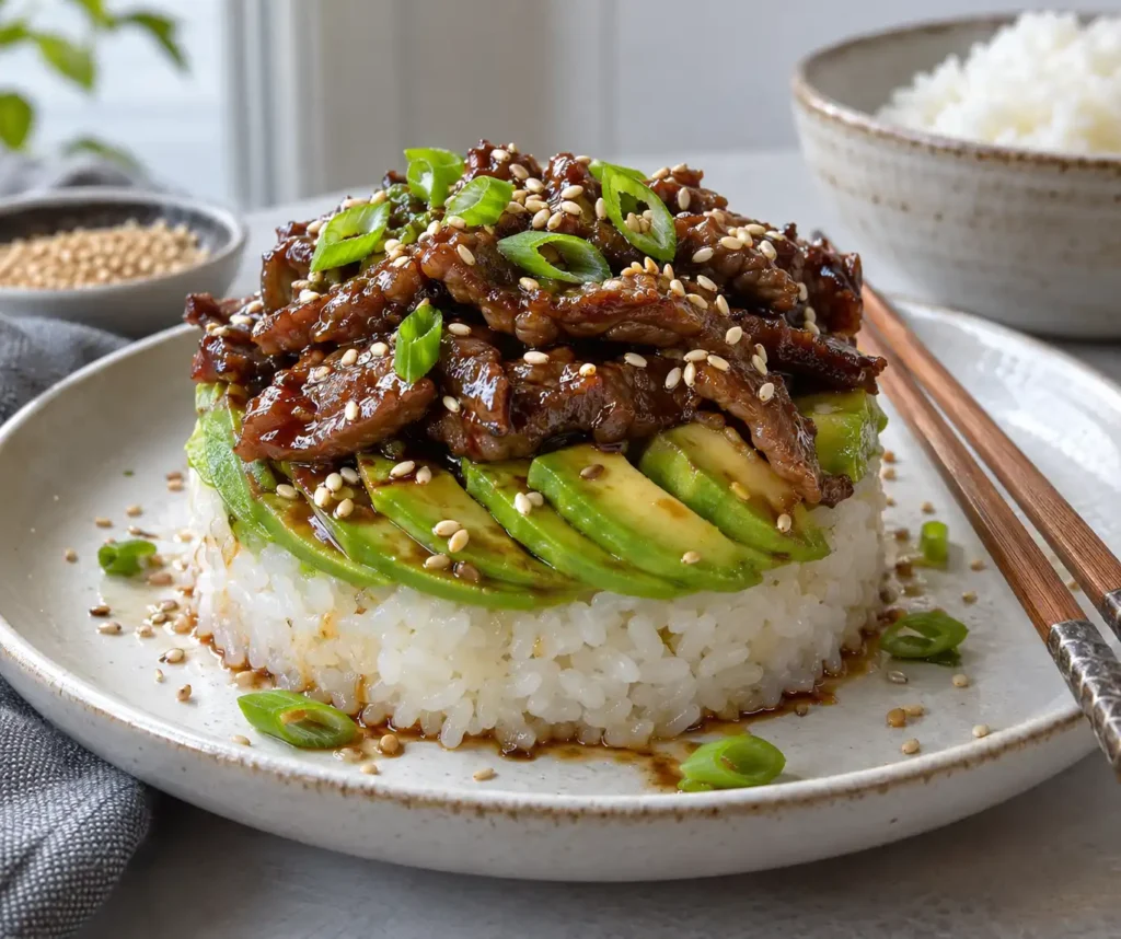 Single teriyaki beef and avocado rice stack on a ceramic plate with sticky rice avocado slices saucy beef sesame seeds and green onions and a bowl of rice in the background