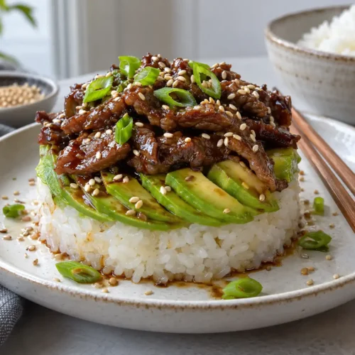 Single teriyaki beef and avocado rice stack on a ceramic plate with sticky rice avocado slices saucy beef sesame seeds and green onions and a bowl of rice in the background
