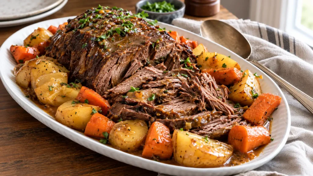 Crock Pot pot roast sliced and shredded on a platter with carrots and potatoes and gravy for serving