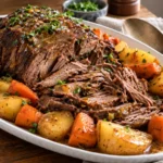 Crock Pot pot roast sliced and shredded on a platter with carrots and potatoes and gravy for serving