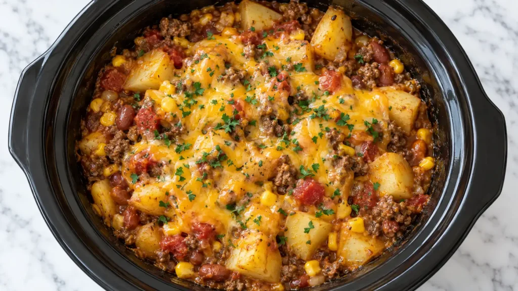 Slow cooker cowboy casserole cooked in a black crockpot, filled with tender potatoes, seasoned ground beef, beans, corn, tomatoes, and melted cheddar cheese, topped with chopped parsley.