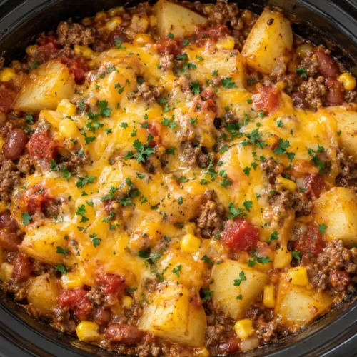 Slow Cooker Cowboy Casserole Recipe 4 Slow cooker cowboy casserole cooked in a black crockpot, filled with tender potatoes, seasoned ground beef, beans, corn, tomatoes, and melted cheddar cheese, topped with chopped parsley.