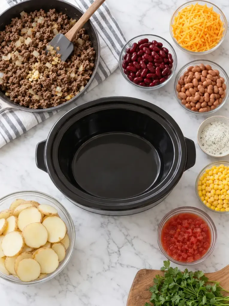 Slow Cooker Cowboy Casserole Recipe 2 Slow cooker cowboy casserole ingredients arranged around an empty crockpot, including sliced potatoes, browned ground beef with onions, shredded cheddar cheese, beans, corn, diced tomatoes, and ranch seasoning on a white marble counter.