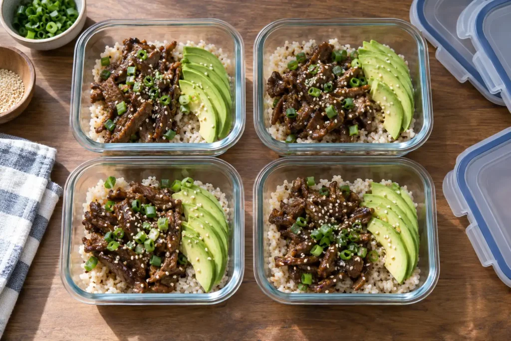 Four glass meal prep containers filled with teriyaki beef and avocado rice stack over white rice topped with sesame seeds and green onions on a wooden table