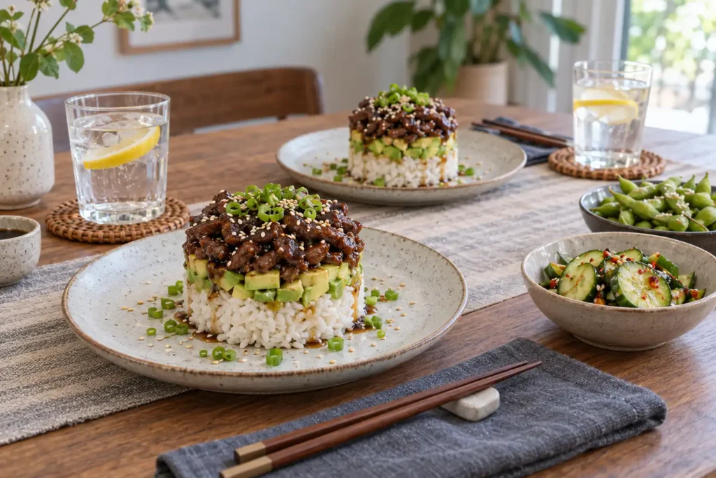 Two plates each with a teriyaki beef and avocado rice stack layered with sticky rice diced avocado and saucy beef served on a set table with cucumber salad and edamame